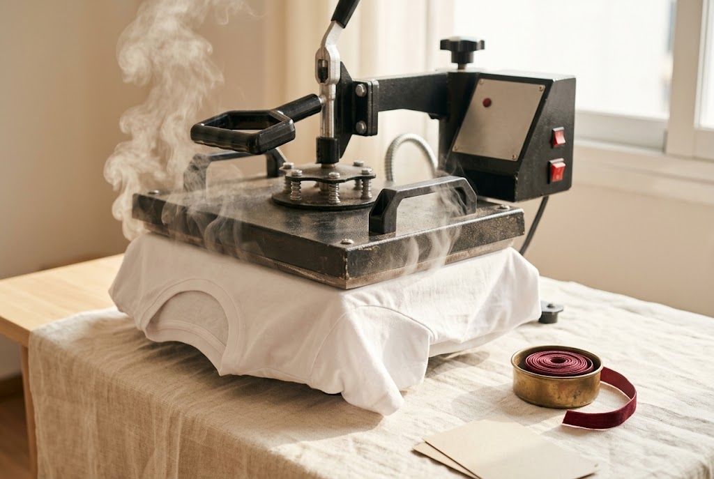 Plancha térmica prensando una playera blanca en el taller
