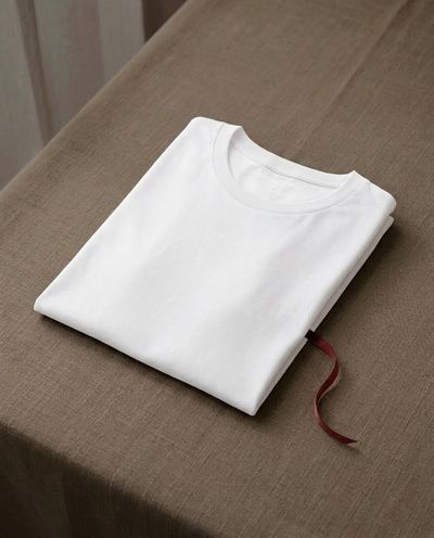 Playera blanca doblada sobre una mesa con mantel de lino