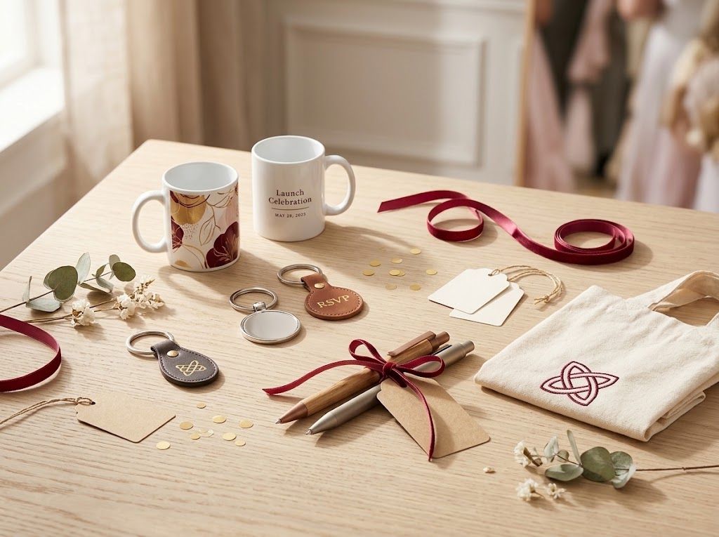 Mesa de evento con tazas, llaveros, bolígrafos y bolsa de tela personalizados