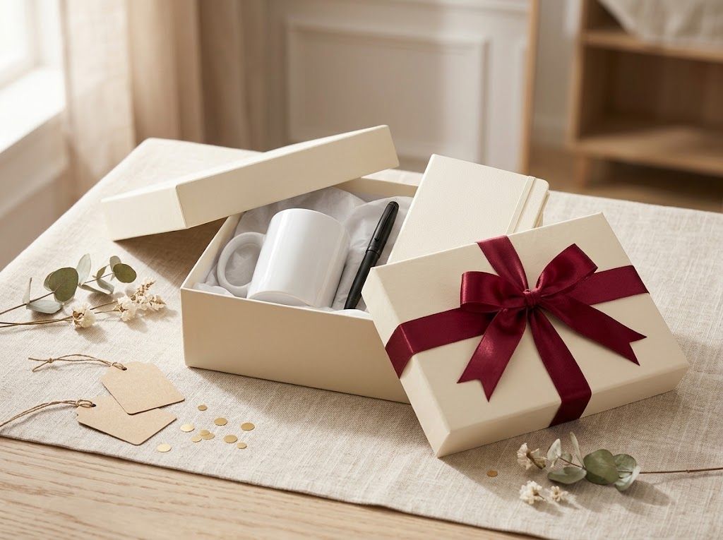 Caja de regalo con taza, bolígrafo y libreta, cerrada con un lazo vino