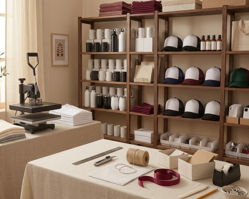 Taller de ALR Creative con estantes de tazas, termos y gorras listos para personalizar y una plancha térmica