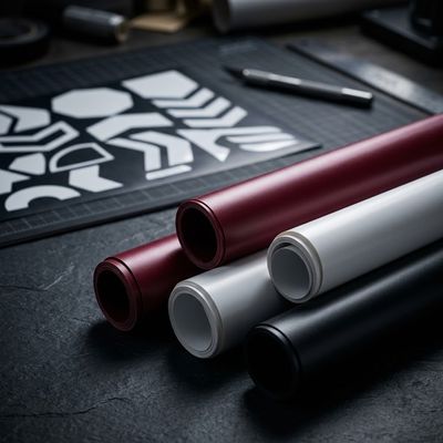 Rollos de vinil textil vino, blanco, gris y negro junto a diseños recortados